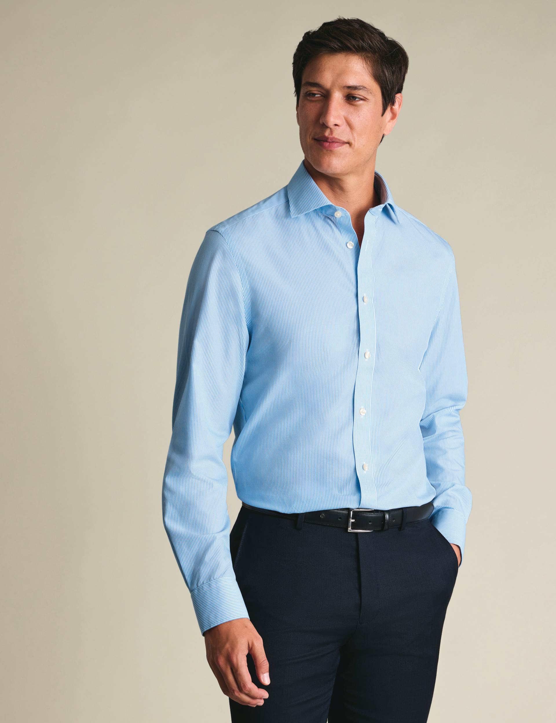 Cornflower blue Bengal stripe non-iron poplin cutaway slim fit shirt 1