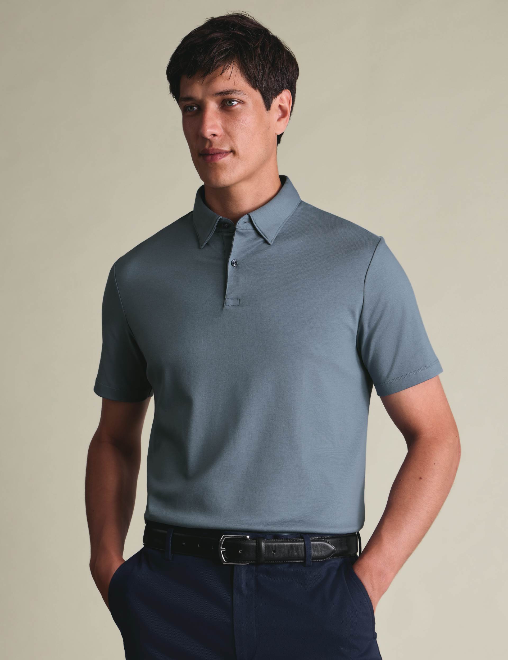 Steel blue short sleeve cotton polo