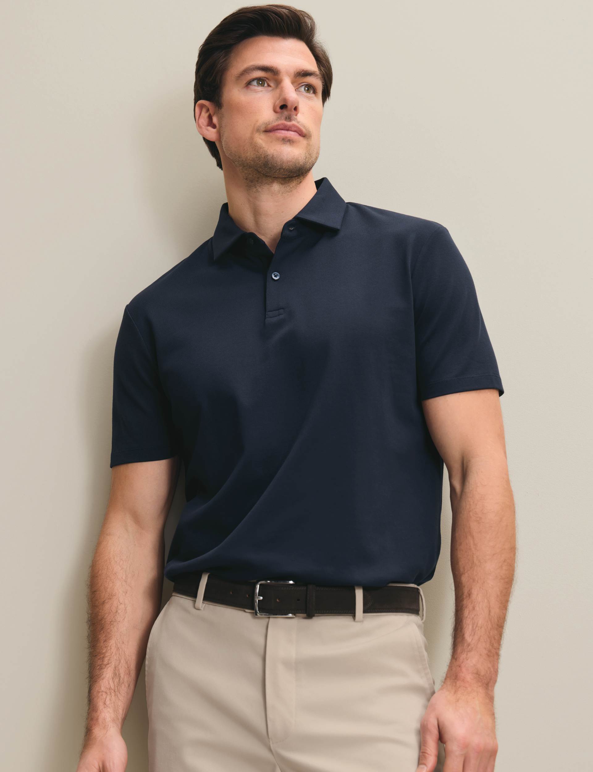 Navy blue short sleeve cotton stretch smart pique polo 1