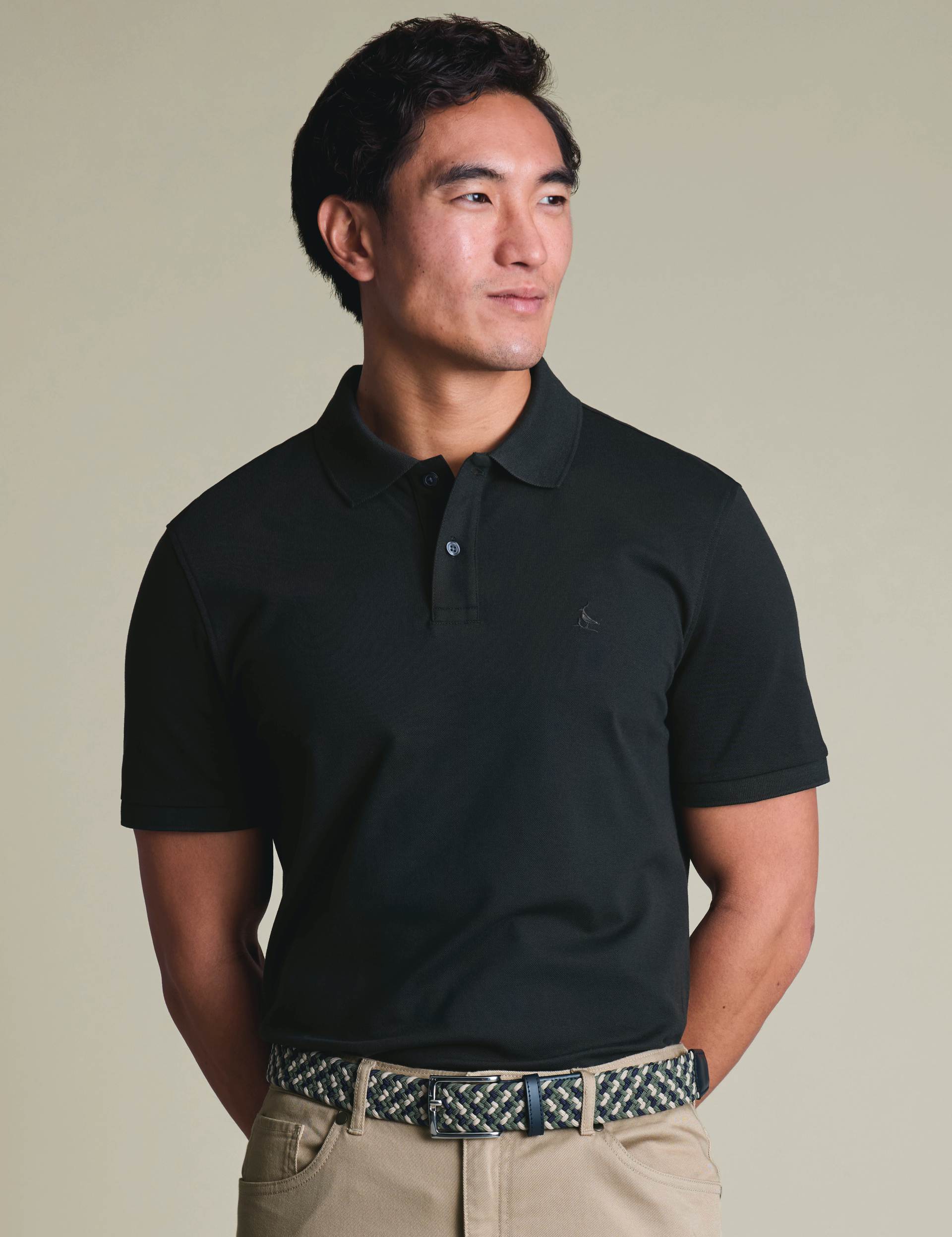 Black solid short sleeve cotton stretch pique polo