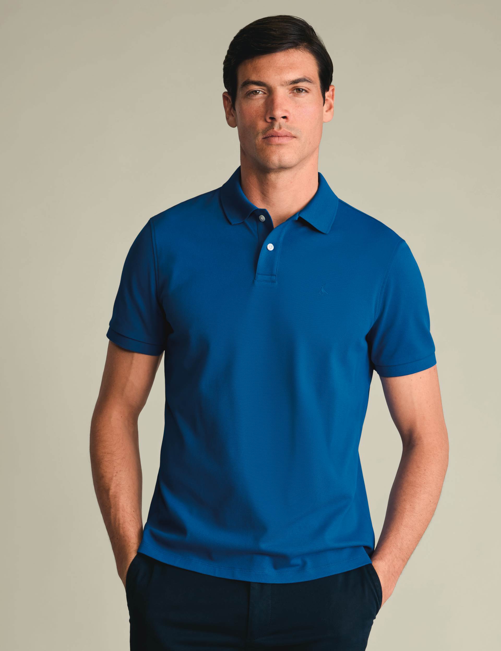 Cobalt blue solid short sleeve cotton stretch pique polo 2