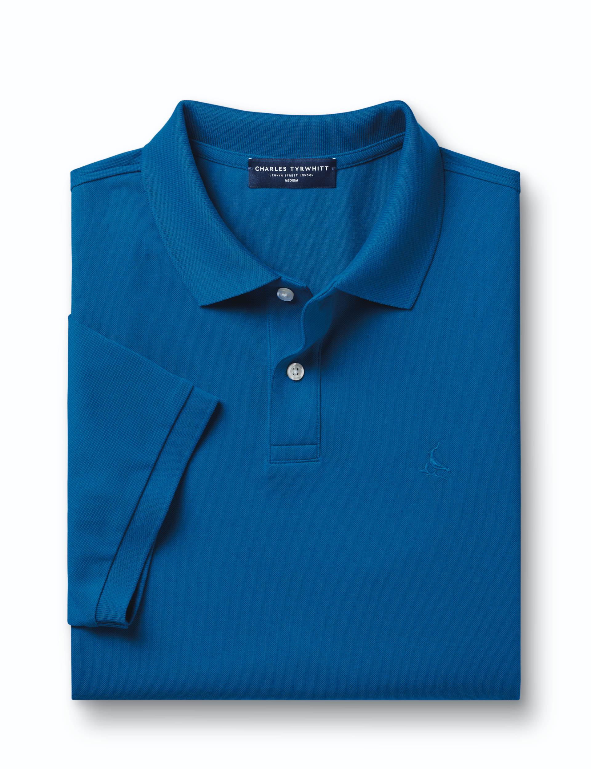 Cobalt blue solid short sleeve cotton stretch pique polo 5