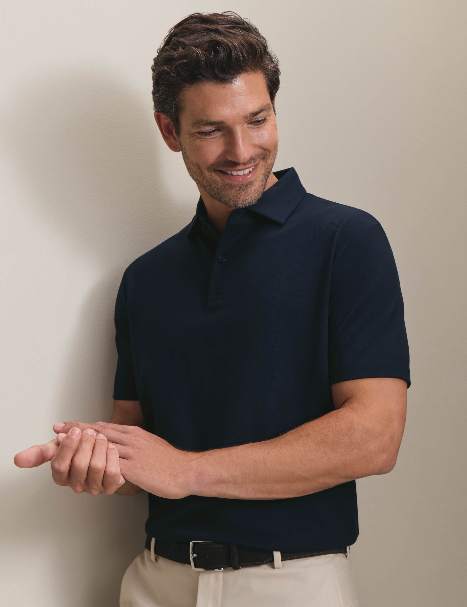 Navy blue solid short sleeve cotton stretch pique polo 1