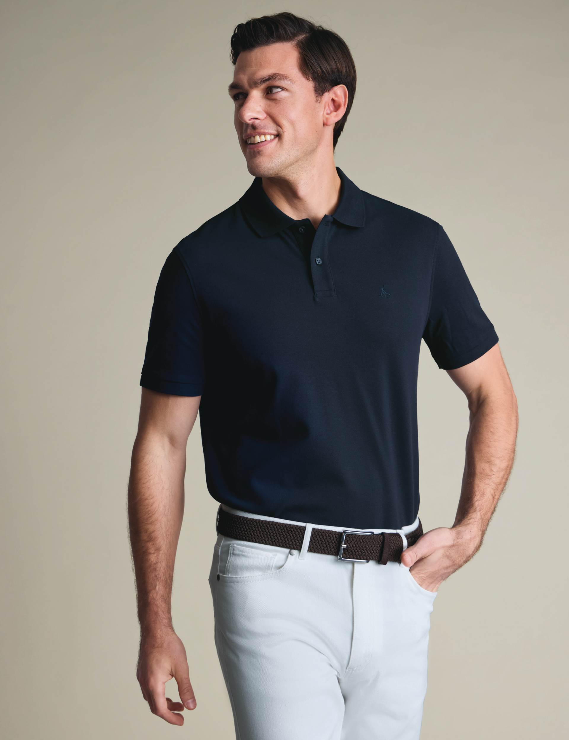 Navy blue solid short sleeve cotton stretch pique polo 2