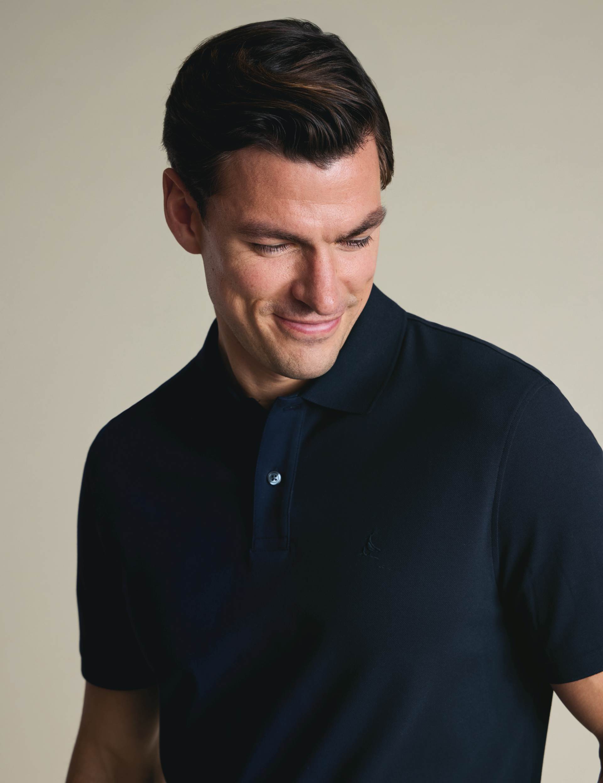 Navy blue solid short sleeve cotton stretch pique polo 3