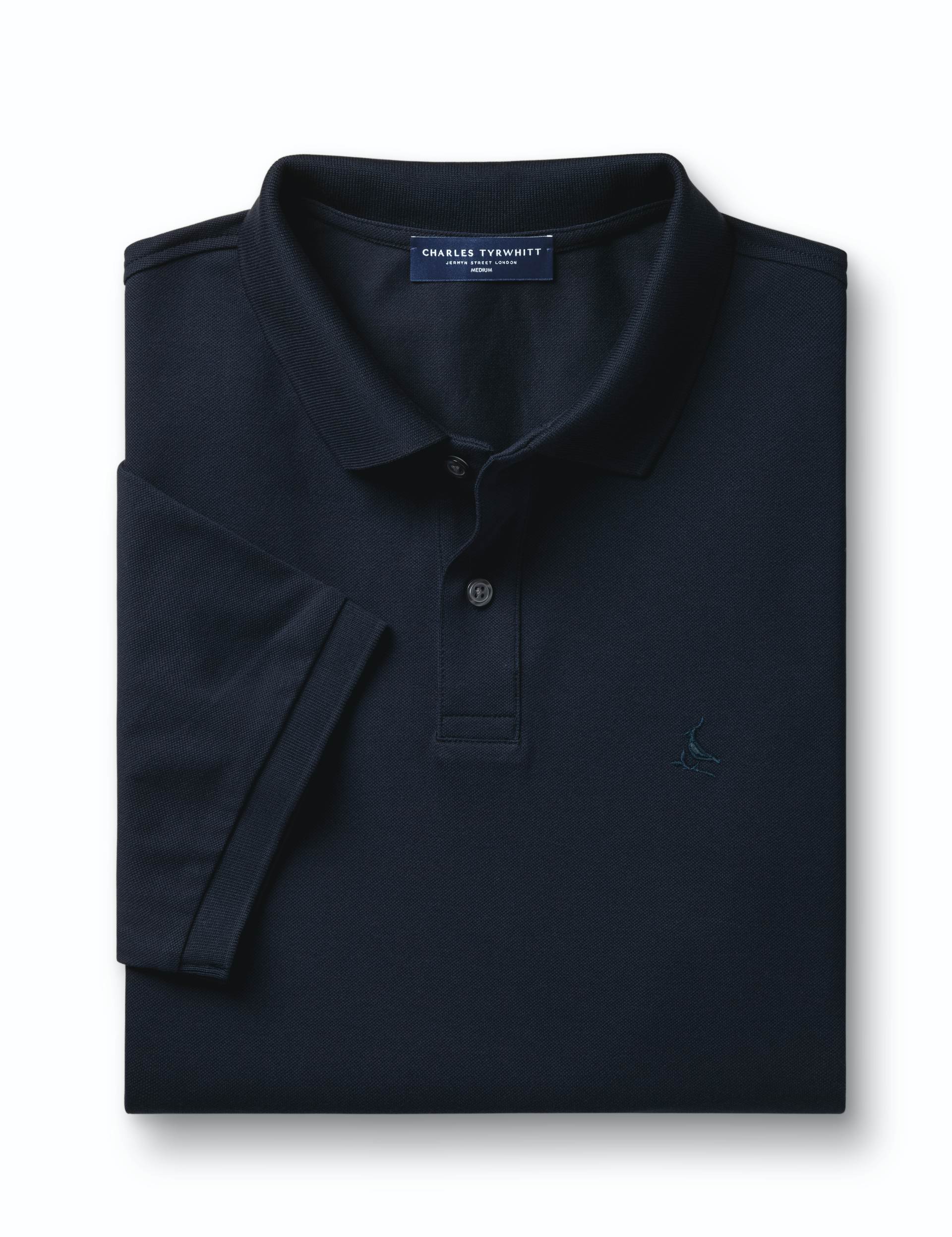 Navy blue solid short sleeve cotton stretch pique polo 6