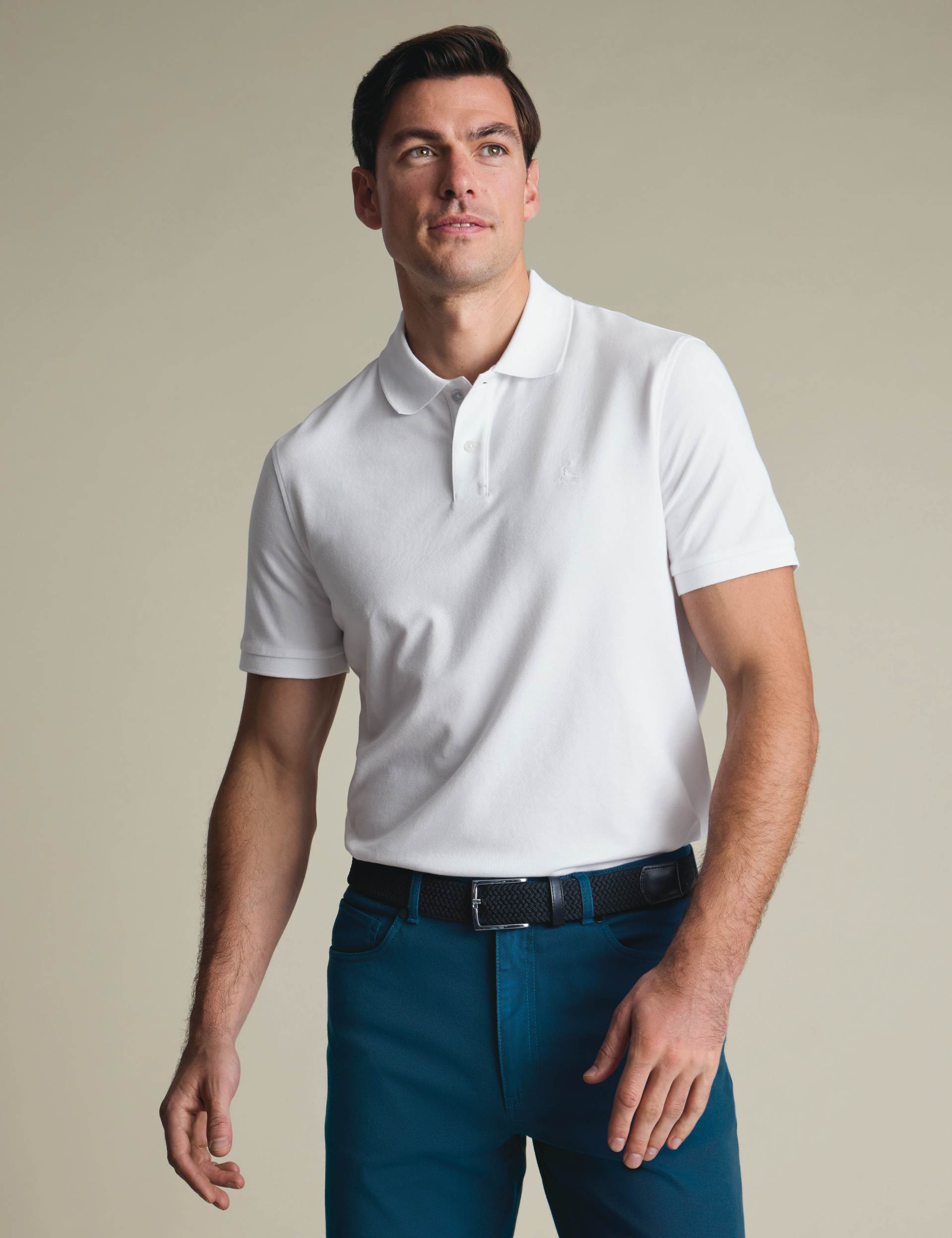 White solid short sleeve cotton stretch pique polo