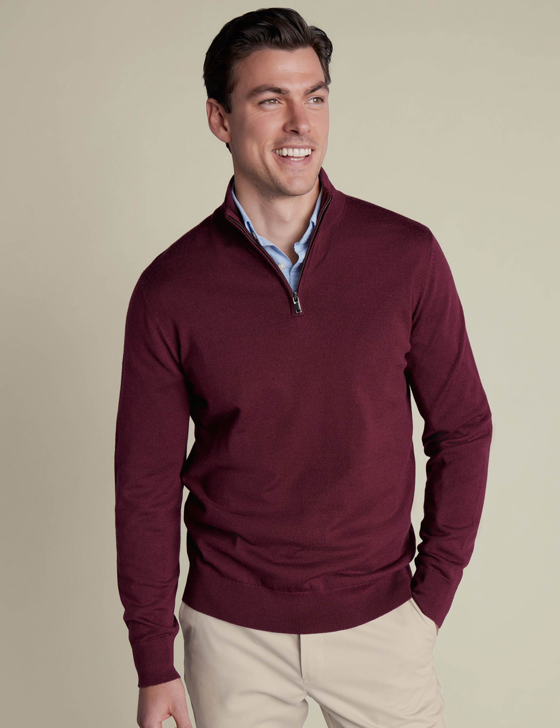 Burgundy red pure merino zip neck jumper