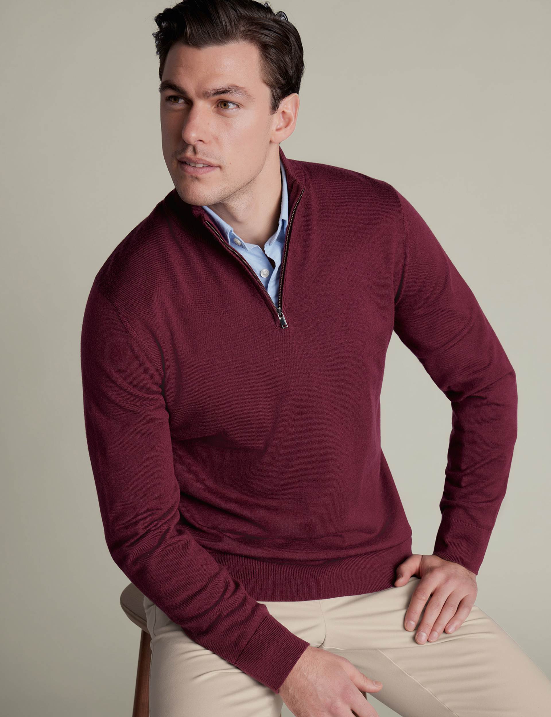 Burgundy red pure merino zip neck jumper 2
