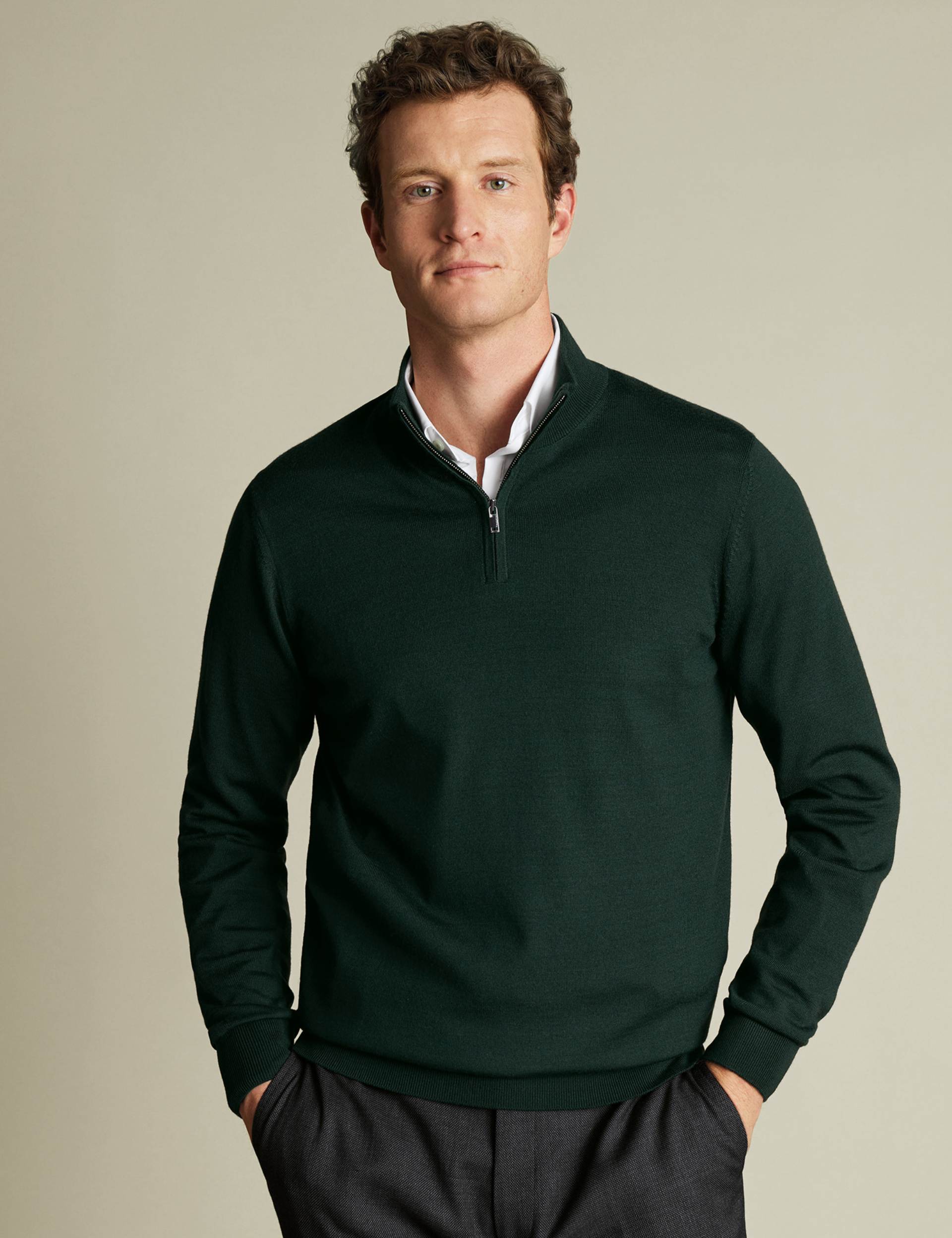 Forest green pure merino zip neck jumper 1