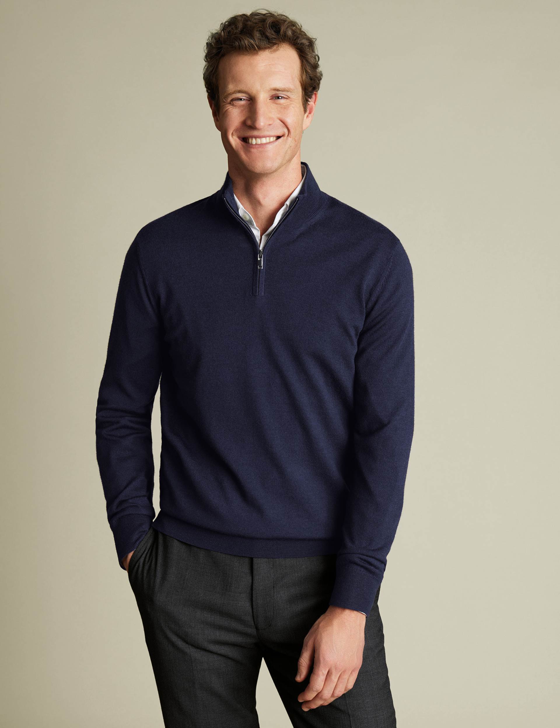 Navy blue pure merino zip neck jumper