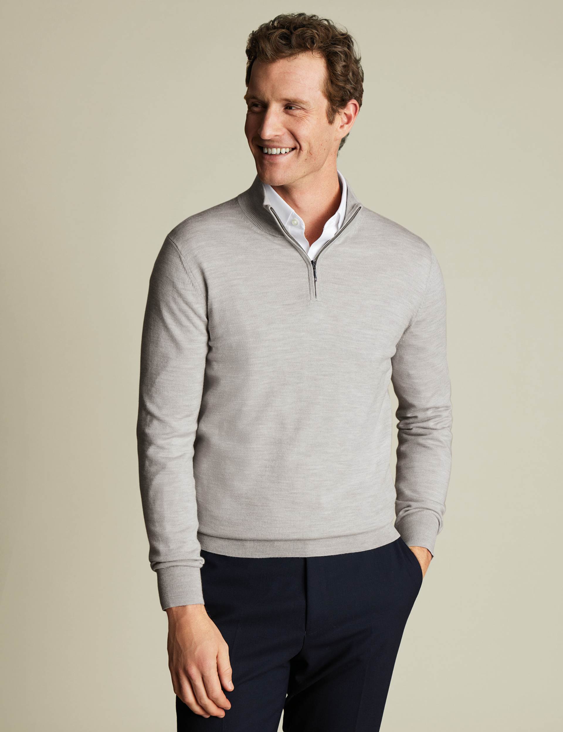Silver grey pure merino zip neck jumper