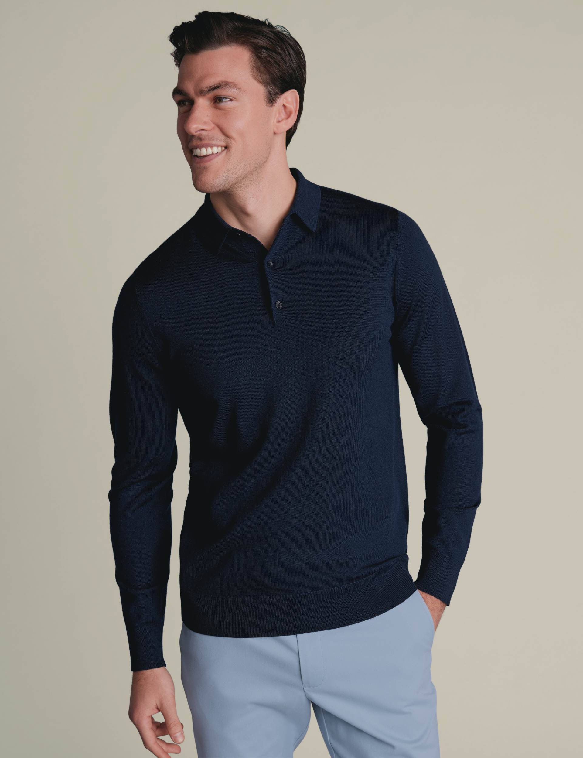 Navy blue pure merino polo neck jumper