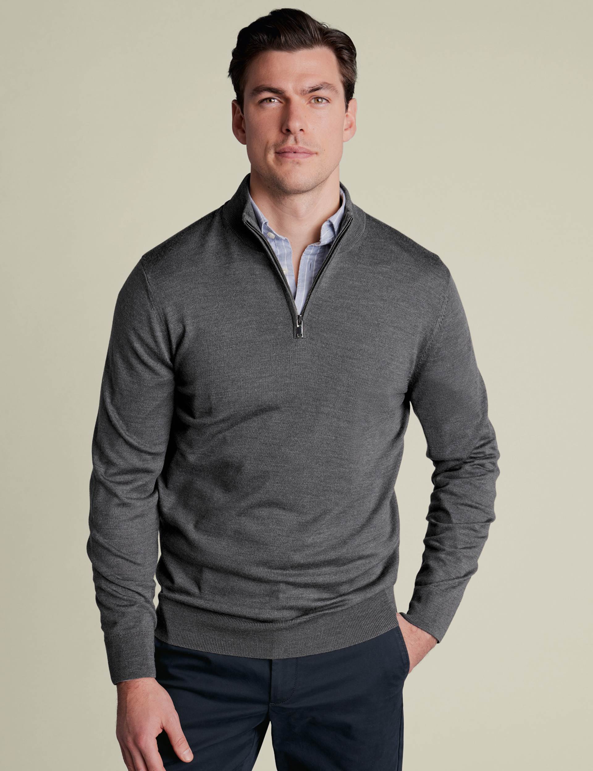 Grey pure merino zip neck jumper