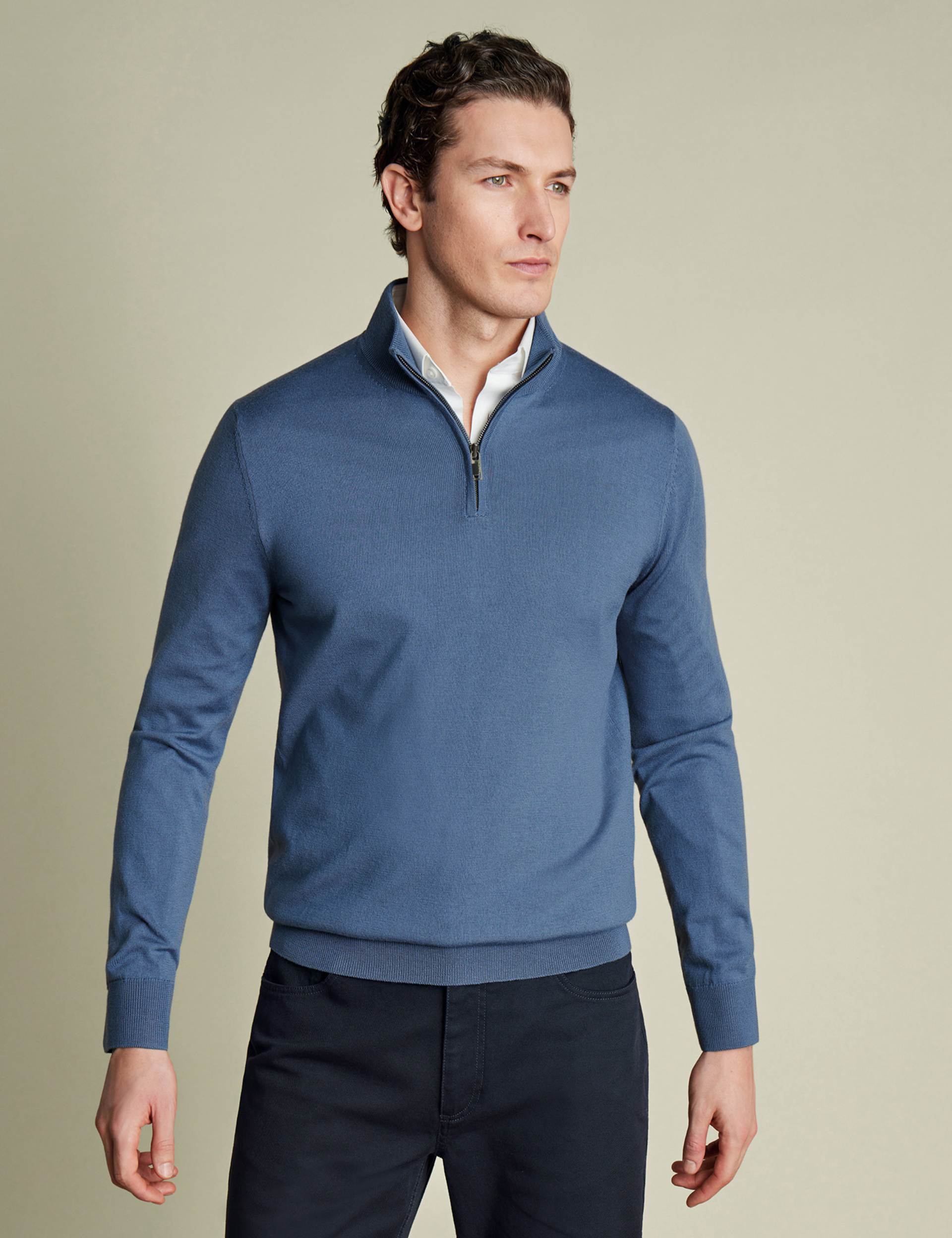 Steel blue pure merino zip neck jumper