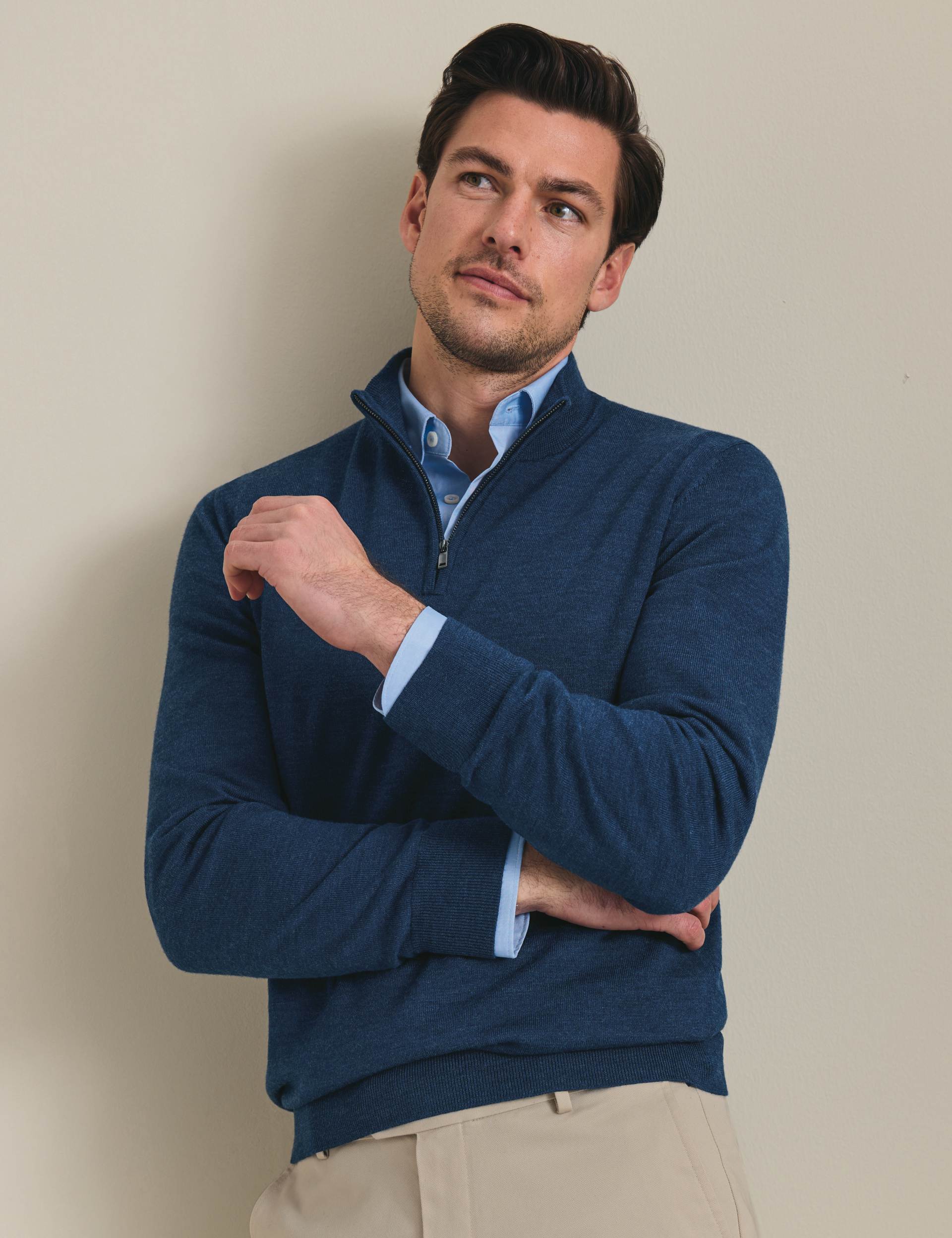 Ink blue pure merino zip neck jumper