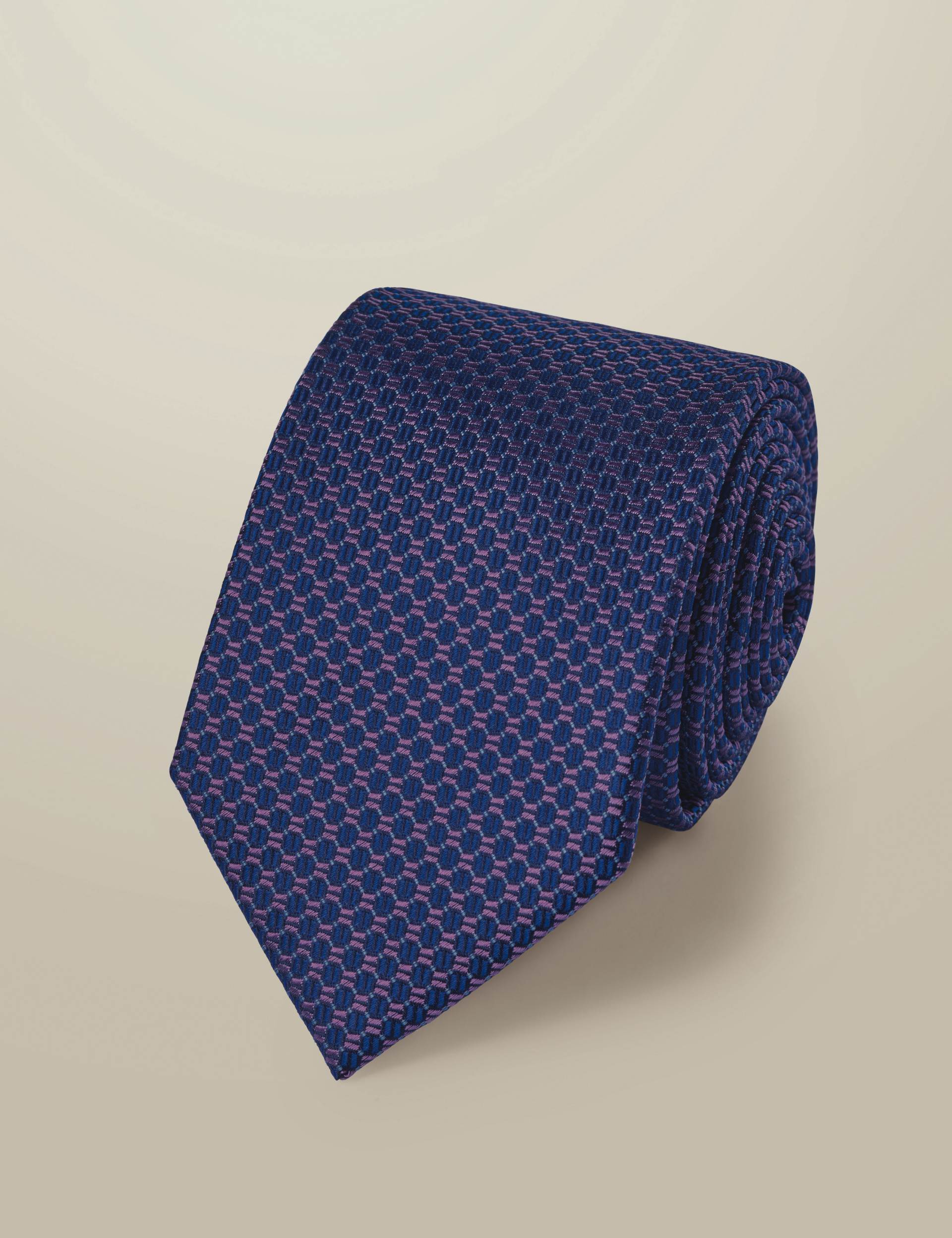 Cobalt blue and pink semi plain patterned silk tie 1