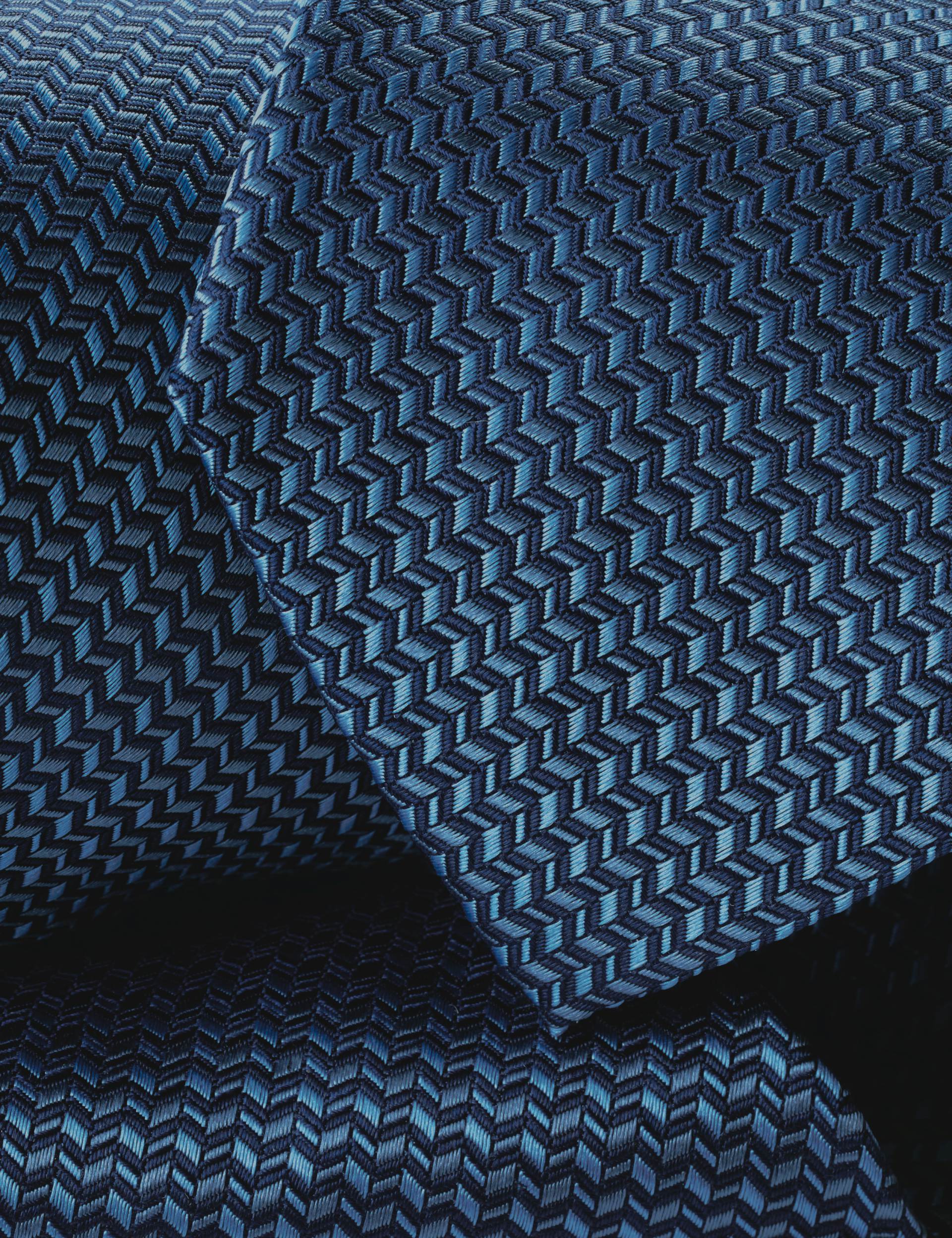 Steel and mid blue semi plain patterned silk tie 2