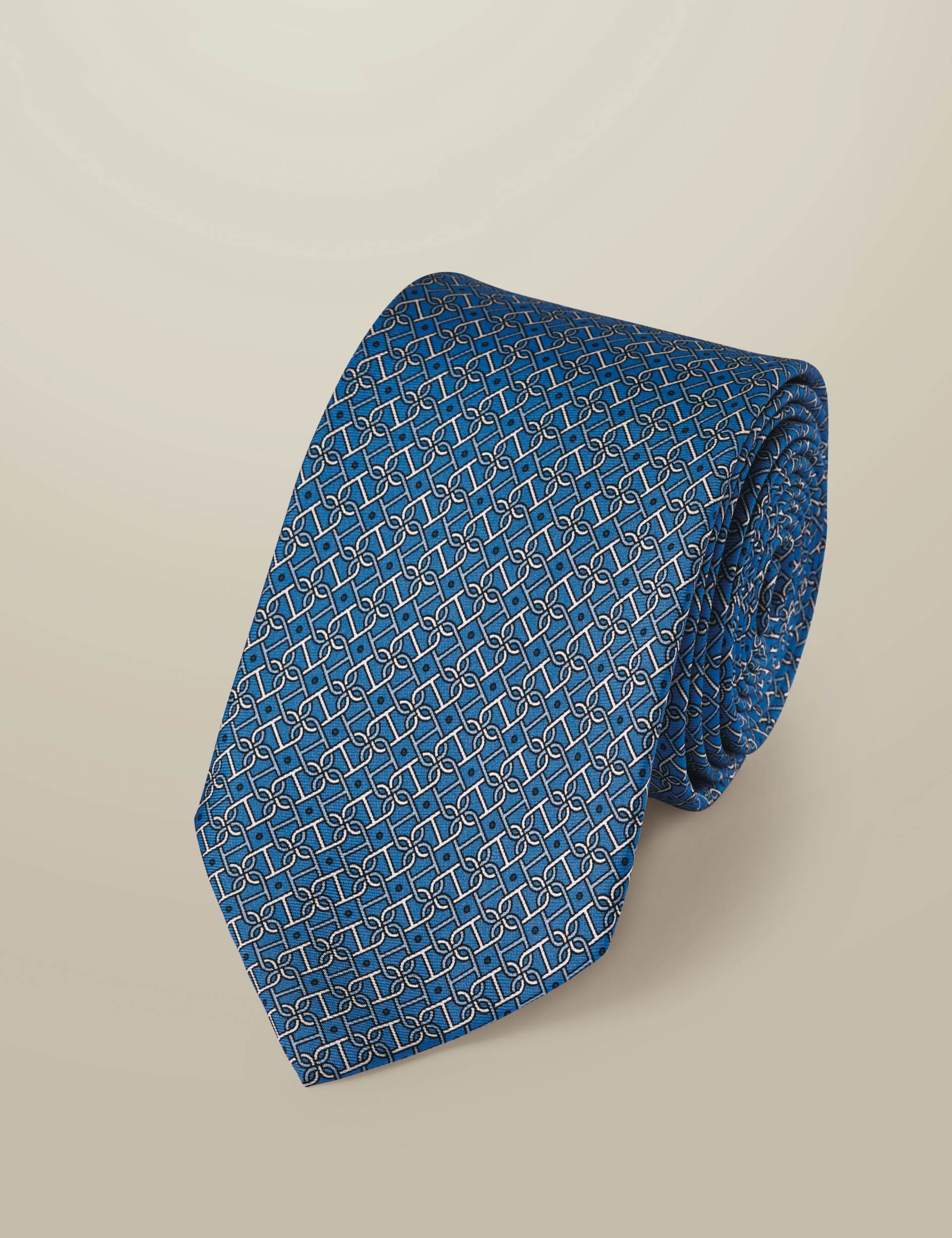 Mid blue silk print tie 1